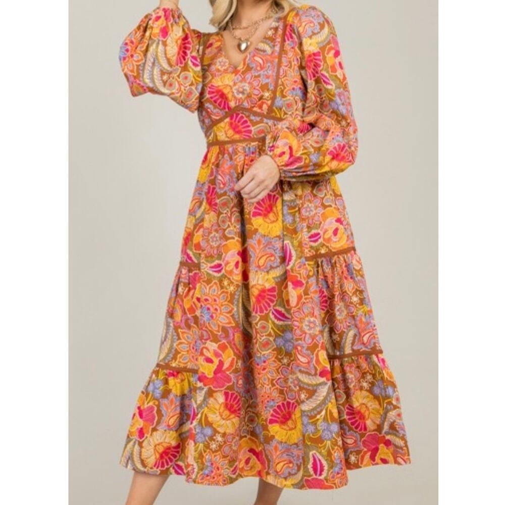 Peasant Long Sleeve Midi Dress Colorful Floral & Brown Boho Cottage Large